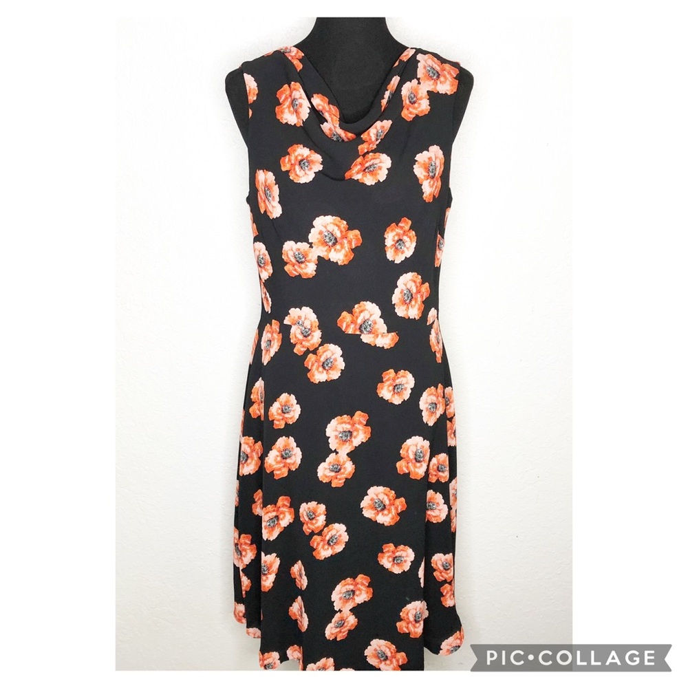 Talbots black orange floral sleeveless cowl neck midi dress size 10